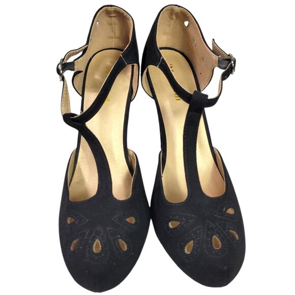 Modcloth T Strap Heels Black Pump Refreshed Zest Retro Ankle Strap Cutout Size 9 - Picture 9 of 16